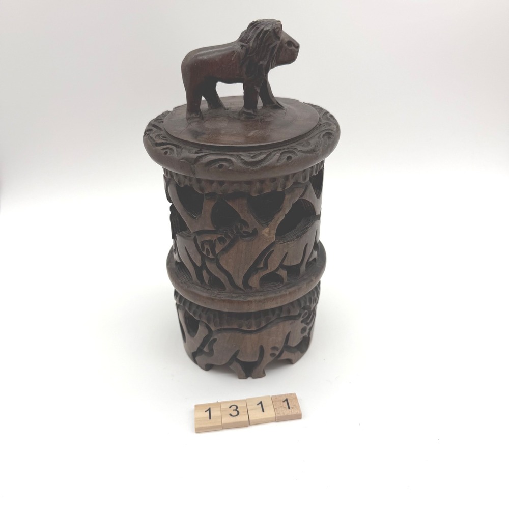 Vintage African Carved‎ Wood Drink Coaster Lion elephant rhino tiger holder
